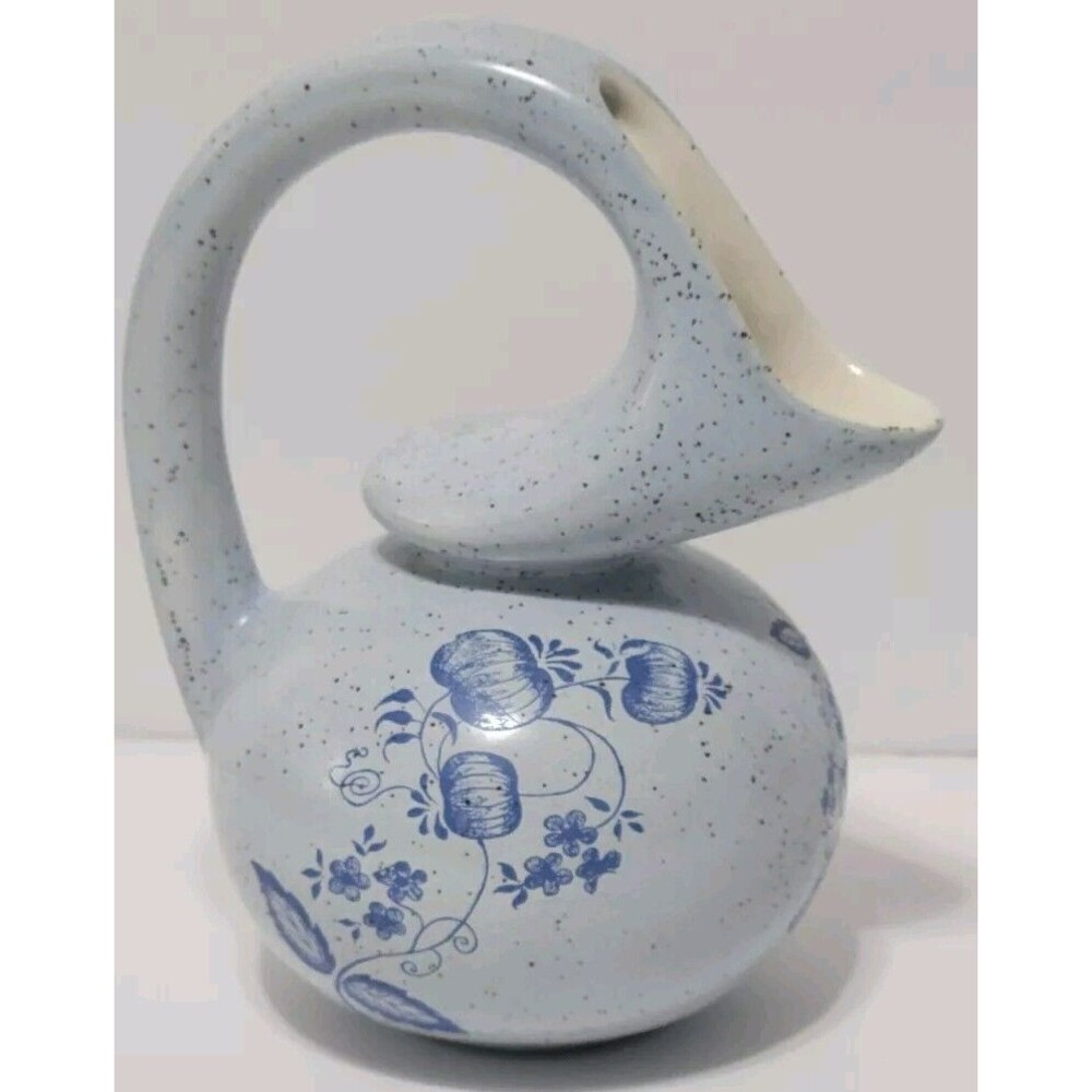 Unusual Pitcher Creamer Honey Pot Blue Speckled W Pumpkins Flowers Marked MPS 6"